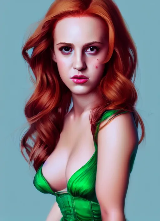 Image similar to full body portrait of teenage cheryl blossom, bangs, green eyes, mischievous expression, red hair, sultry smirk, bangs and wavy hair, intricate, elegant, glowing lights, highly detailed, digital painting, artstation, concept art, smooth, sharp focus, illustration, art by wlop, mars ravelo and greg rutkowski