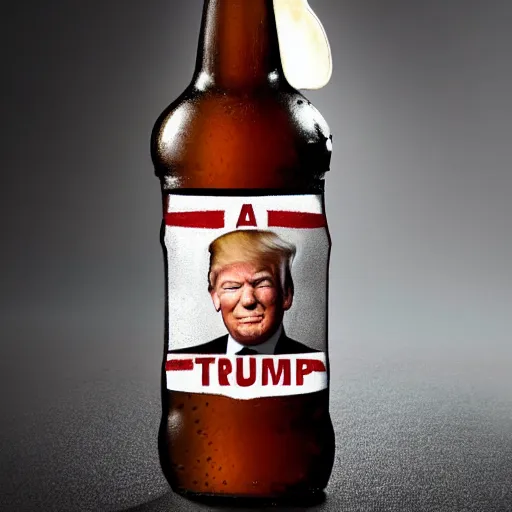 Prompt: a beer bottle with trumps face on its logo, hyper realistic, highly detailed.