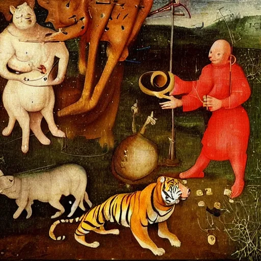 Image similar to in a dream world, a tiger tries to close an important deal, a pig tries to prevent the success of the deal, in the style of victor stabin, afro, cagli and hieronymus bosch, epic composition, insanely quality, only with red and crimson colors, masterpiece