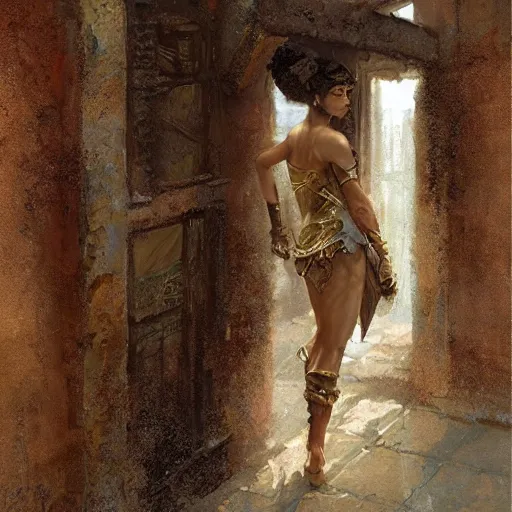 Image similar to a scrappy bronze age thief woman, looking around a corner, fantasy character portrait by gaston bussiere, craig mullins, greg rutkowski