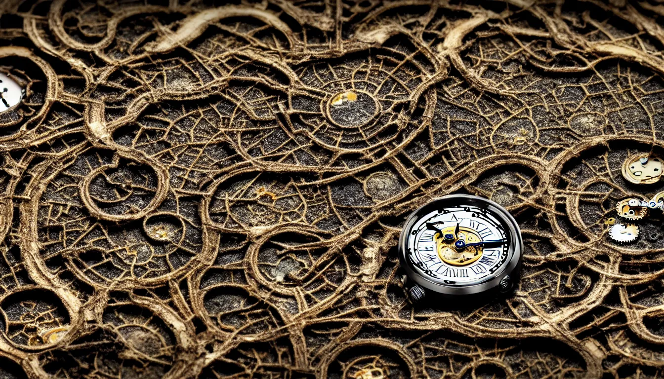 Image similar to detailed view from inside a clockwork watch landscape, wet ink, entangled roots covered in mushrooms, cracked earth, living spore microorganisms, decaying, rusty, hyper realistic photo, full colour, upscale, 8 k