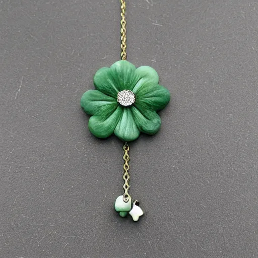 Image similar to solidity and eternity embroidered clover necklace with jade stone, hyper realistic