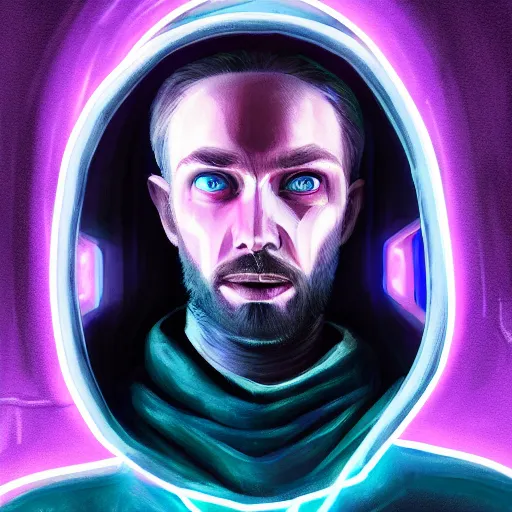 Image similar to a portrait of an ultradetailed futuristic cyberpunk wearing a hoodie on his head, bearded, deep blue eyes, by dylan kowalski, 8 k, purple neon colours, digital painting