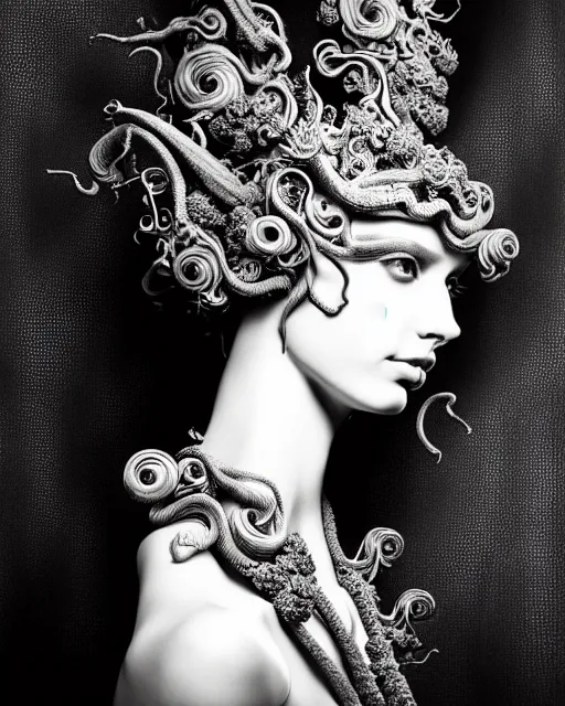 Image similar to dark background, a black and white high quality dreamy photo of a young beautiful female queen-dragon-vegetal-orchid-mineral-cyborg bust with a very long neck and delicate Mandelbrot fractal face, elegant, highly detailed, flesh highly baroque ornate, hair are curled wired cables, elegant, poetic, soft, dreamy, mysterious, high fashion, rim light, in the style of Ellen von Unwerth, Realistic, Refined, Digital Art, Highly Detailed, Cinematic Lighting, rim light, black and white, photo-realistic, 8K