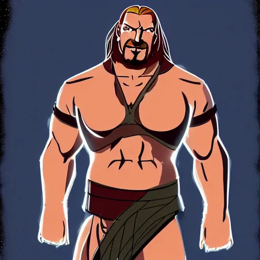 Image similar to Full body picture of Triple H as a Disney character in his in-ring gear, Disney, cartoon, Disney style, 2d, drawn image, beautifully drawn, Disney 2d animation still