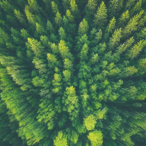 Image similar to a drone shot of a forest, dusk, slightly foggy, grainy footage,