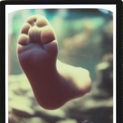 Prompt: polaroid photo of a plastic foot in a dirty aquarium