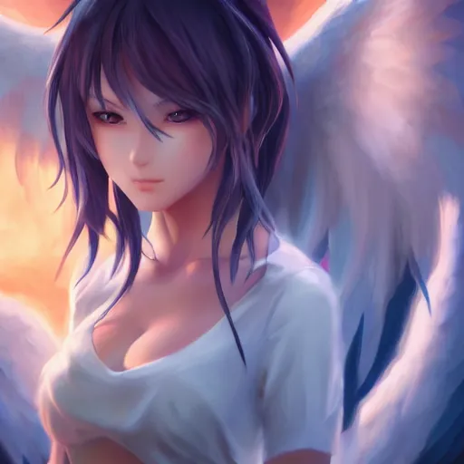 Image similar to an oil painting of a beautiful anime girl with angel wings, by artgerm, hd, hdr, ue 5, ue 6, unreal engine 5, cinematic 4 k wallpaper, 8 k, ultra detailed, high resolution, artstation, award winning