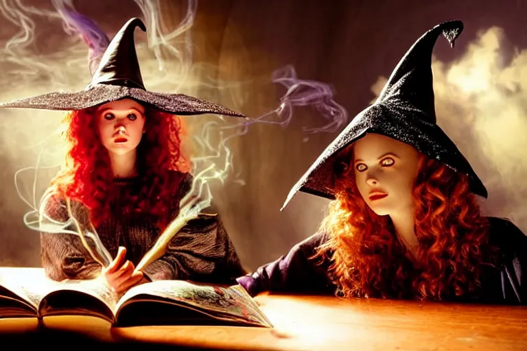 Image similar to close up portrait, dramatic lighting, teen witch casting a spell over a large open book on a table with dynamic action, cat on the table in front of her, sage smoke, a witch hat cloak, apothecary shelves in the background, still from tim burton movie,