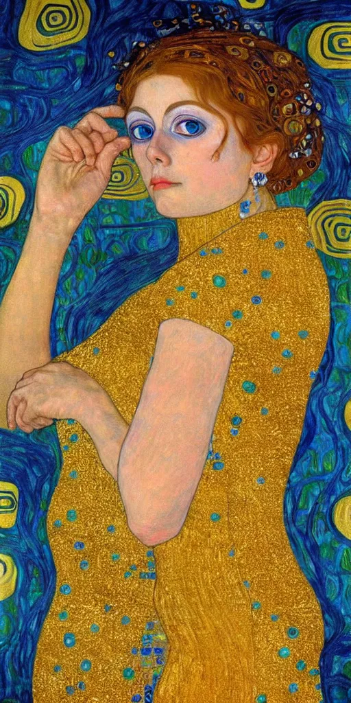 Prompt: detailed painting of woman with big blue eyes and a glowing face wearing a gold dress in the style of Gustav Klimt Wasserschlangen II
