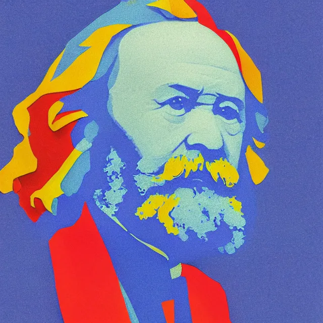 Image similar to origami of karl marx in a minimalist collage of geometric shapes, tetrachromacy, primary colors, in the style of ikko tanaka, japanese graphic design, 1 9 9 0