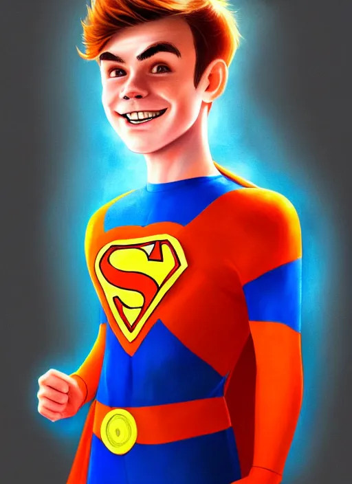 Image similar to friendly teenage archie andrews wearing an orange superhero costume with heart logo, heart, freckles, blue cape, heart emblem on chest, blue cape, intricate, elegant, glowing lights, highly detailed, digital painting, artstation, sharp focus, illustration, art by wlop, mars ravelo and greg rutkowski