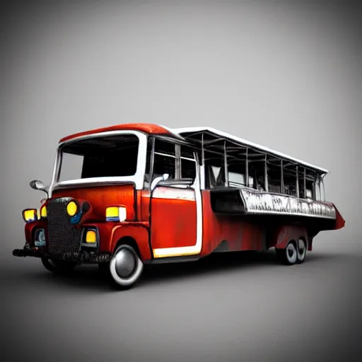 Image similar to Jeepney rendered on blank background, muted tones, high detail 3D rendering, Octane render, raytracing