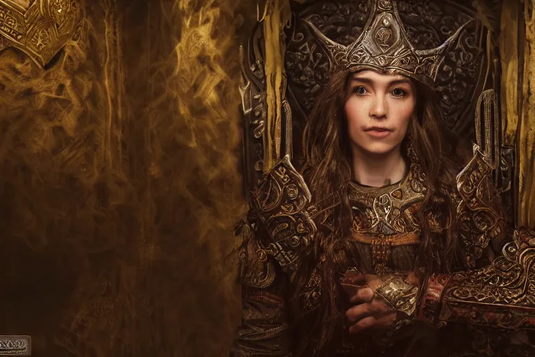 Prompt: the elder scrolls vi, charismatic regal brunette female jarl, portrait, rustic throne room, atmospheric lighting, painted, intricate, volumetric lighting, beautiful, daytime,, slight overcast weather, 4 2 0 0 k, sharp focus, deep colours, ultra detailed, by leesha hannigan, ross tran, thierry doizon, kai carpenter, ignacio fernandez rios