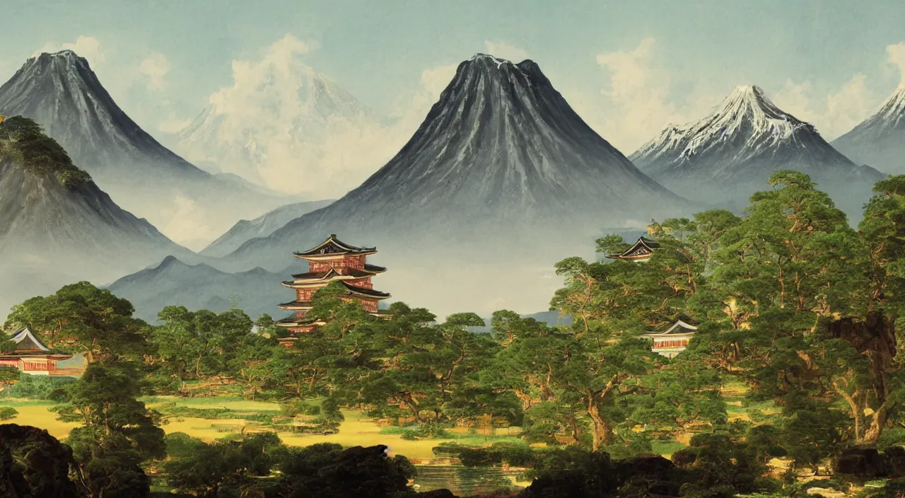 Image similar to a painting of a Japanese castle, with a garden as foreground, with mountains as background, by Thomas Cole