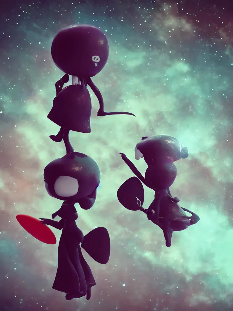 Prompt: cute fumo plush gothic maiden alien girl riding on a surfboard in the dark galactic abyss, hearts, vignette, vray