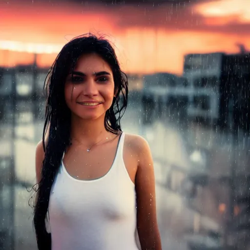 Prompt: cinematic scene of a young mexican woman wearing a wet short white dress and looking up to the raining sky smiling with her arms stretched out in a cyberpunk city at sunset,