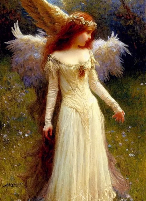 Image similar to vertical prtrait of an angel knight gothic girl, baroque dress. by gaston bussiere