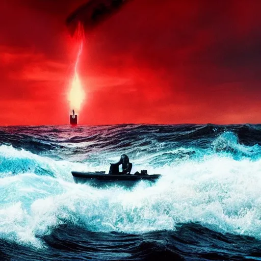 Image similar to anti - christ rising from a red ocean. ominous. vivid color detailed photograph from a 2 0 2 0 s blockbuster vfx horror movie. a small capsized boat in the background.