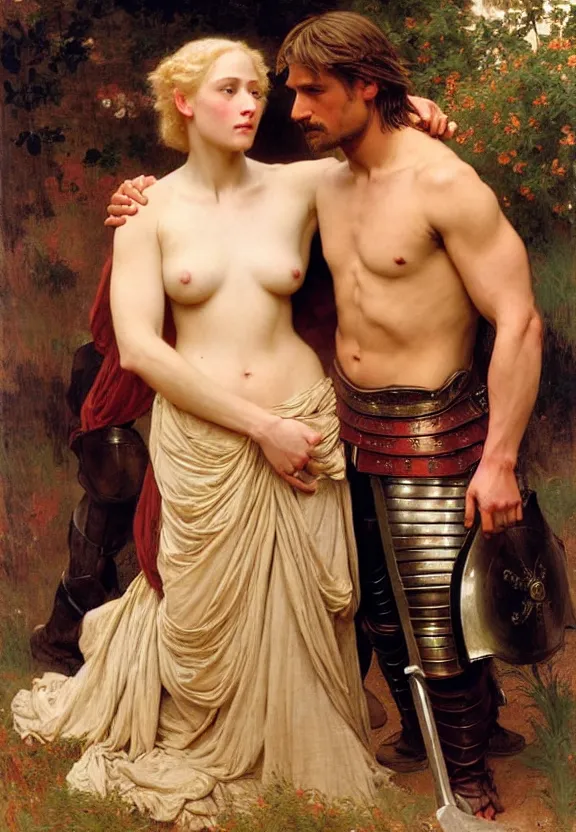 Image similar to attractive handsome fully clothed jaime lannister confesses his love for attractive fully armored lady knight brienne of tarth. highly detailed painting by gaston bussiere and j. c. leyendecker and william adolphe bouguereau, musee d'orsay 8 k