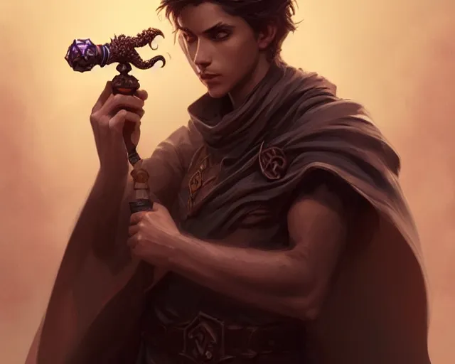 Image similar to young shadow mage male, holding a wizard pipe, shrouded face, deep focus, d & d, fantasy, intricate, elegant, highly detailed, digital painting, artstation, concept art, matte, sharp focus, illustration, hearthstone, art by artgerm and greg rutkowski and alphonse mucha