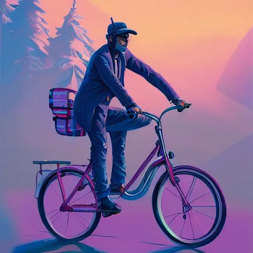 Image similar to a beautiful painting of a very detailed gangster riding a bike by dan mumford, beeple, trending on artstation, vapourwave