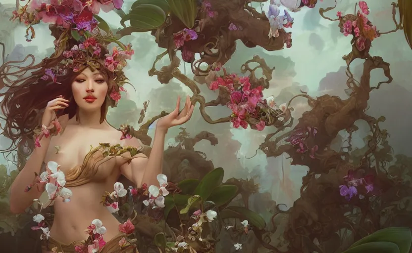 Image similar to goddess of orchids by peter mohrbacher, wlop, tooth wu, alfons mucha, trending on artstation, 4k, super detailed, octane render - H 100