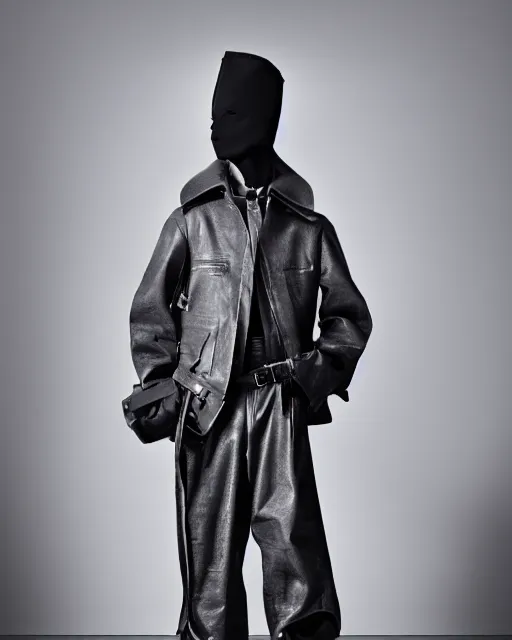 Prompt: a fashion editorial photo of a grey extremely baggy short ancient medieval designer menswear leather jacket with an oversized collar and baggy bootcut trousers designed by alexander mcqueen, 4 k, studio lighting, wide angle lens