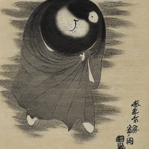 Image similar to a baby harp seal demon, radiating dark aura, Japanese ink drawing from 1850