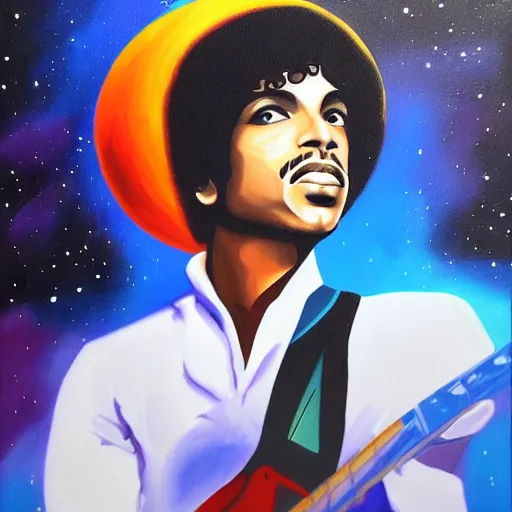 Prompt: a painting of prince in space in the style of pablo bell. trending on artstation.