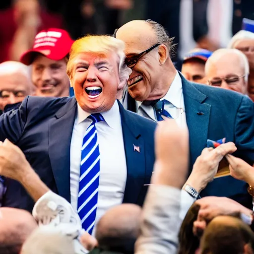 Image similar to donald trump tickling rudy giuliani, canon eos r 3, f / 1. 4, iso 2 0 0, 1 / 1 6 0 s, 8 k, raw, unedited, symmetrical balance, wide angle