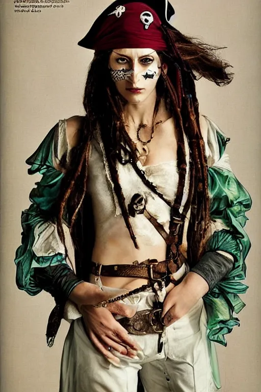 Prompt: a swashbuckling woman pirate portrait in national geographic, her clothing is sheer and futuristic, painted with iridescent bodypaint