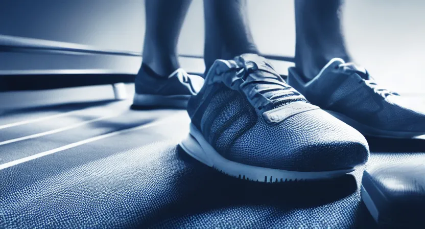 Image similar to close up on old running shoes running on a treadmill. cinematic lighting. moody. sci fi. realistic concept art illustration. blue grey tones.