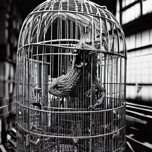 Image similar to creature locked in a cage being studied by scientists in a warehouse, 1 9 2 0's sci - fi, black and white, 8 k, highly ornate intricate details, extreme detail,