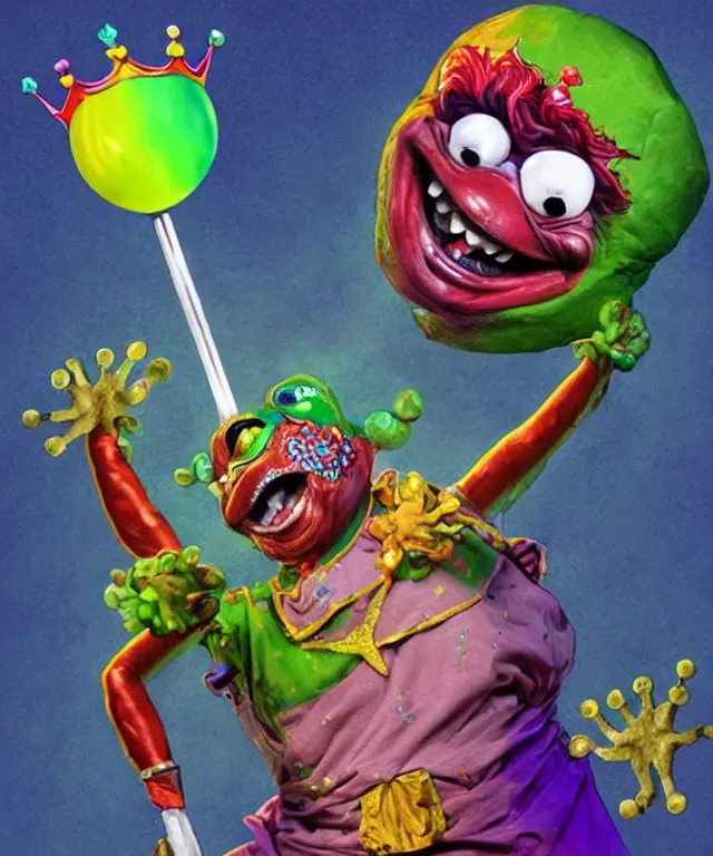 Image similar to clown frog king pulls the sword from the stone, clown frog king wearing clown makeup and rainbow wig, clown crown artwork by Glenn Fabry, rendering by Beeple