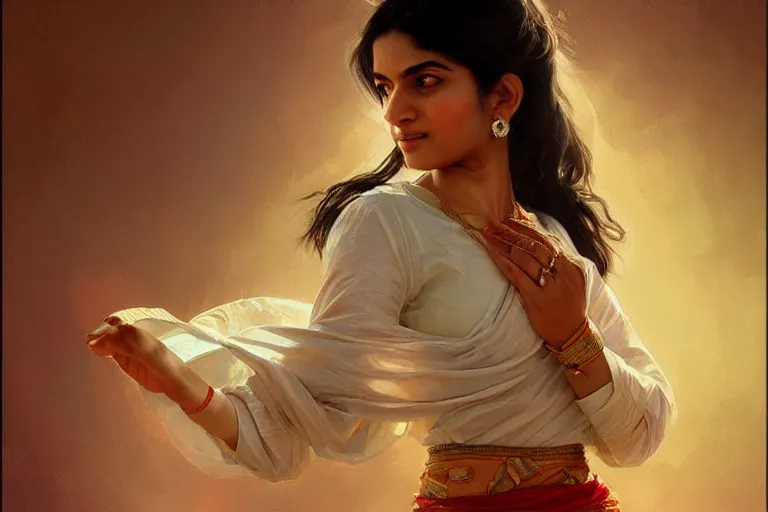 Image similar to Beautiful pale young Indian doctor wearing a skirt dancing in Texas, portrait, elegant, intricate, digital painting, artstation, concept art, smooth, sharp focus, illustration, art by artgerm and greg rutkowski and alphonse mucha