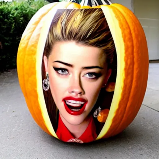 Image similar to a gourd shaped to look like the face of amber heard