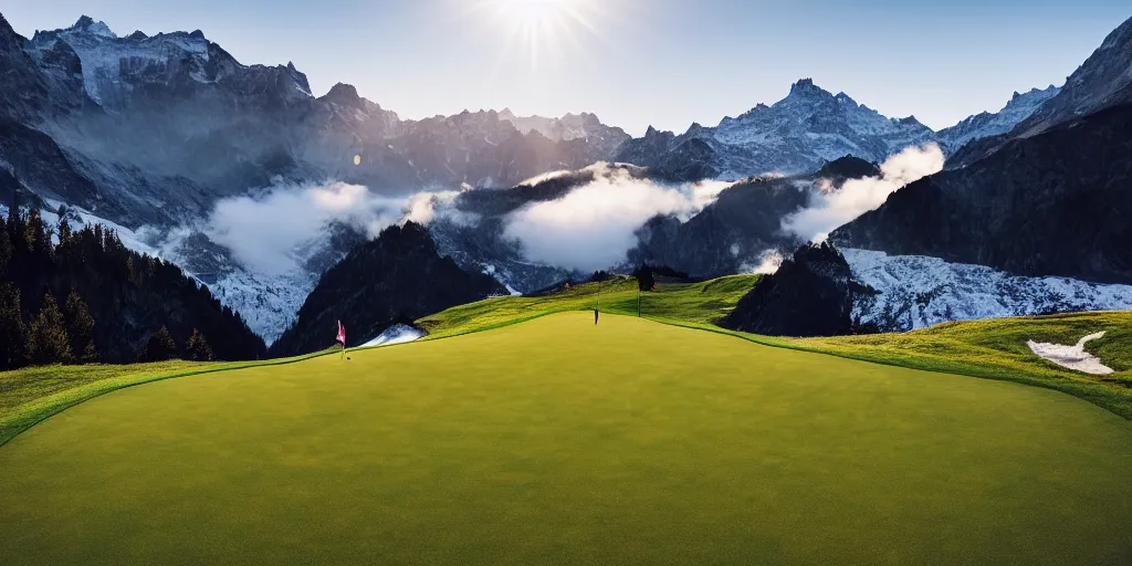 Image similar to a great photograph of the most amazing golf hole in the world, perfect light, in the swiss alps, high above treeline, ambient light, 5 0 mm, golf digest, top 1 0 0, fog