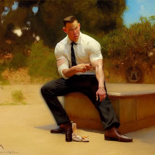 Prompt: channing tatum ties his shoes on a hot and sweaty summer day, painting by gaston bussiere, craig mullins, j. c. leyendecker, tom of finland