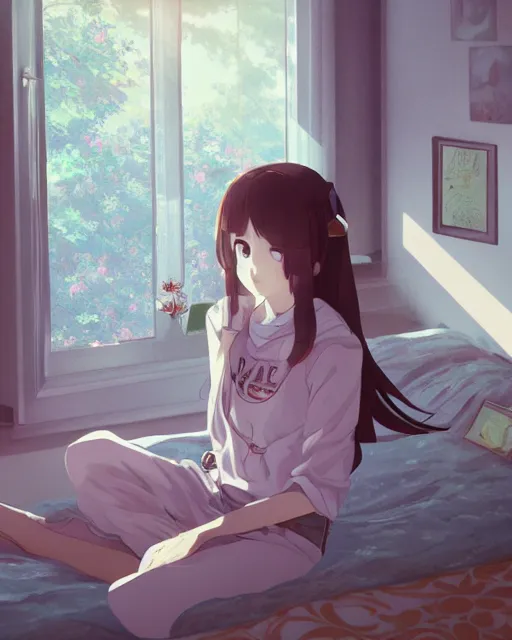 Image similar to a full shot of a teenage girl chilling in her dorm, moe, kawaii, pretty, lovely, detailed face, digital art by makoto shinkai and claude monet