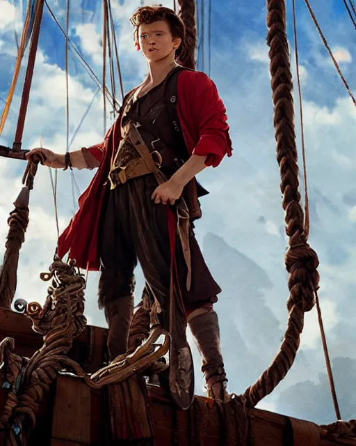 Prompt: film still of tom holland as a pirate, standing on the mast, realistic shaded lighting poster by greg rutkowski, cinematic lighting, sharp focus, highly detailed attributes and atmosphere