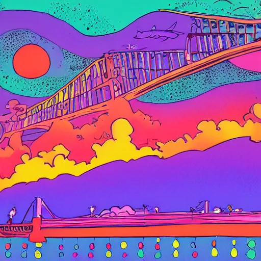 Image similar to spontaneous dayglo purple by skottie young. a experimental art of a group of flying islands, each with its own unique landscape, floating in the night sky. the islands are connected by a network of bridges. a small group of people can be seen walking along one of the bridges.