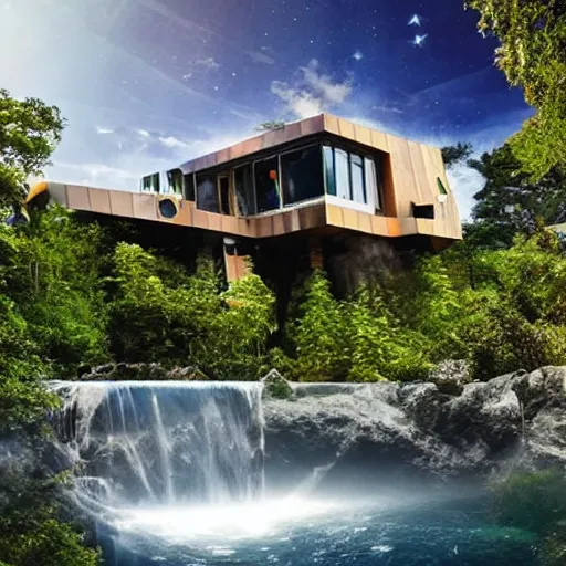 Image similar to a futuristic modern house, on a floating rock island, alien planet covered in water, multiple waterfalls, multiple moons glowing, stars, frank gehry