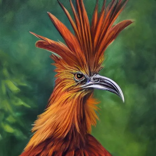 Prompt: masterful portrait painting of a hoatzin