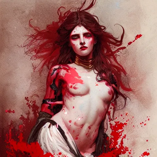 Prompt: goth girl covered in red paint, intricate, art by greg rutkowski and alphonse mucha, high detailed, 4 k,