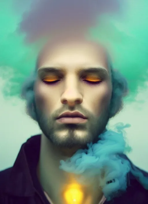 Image similar to an ethereal, misty portrait of a man whose face is accented with neon - toned glowing eyeliner. the makeup floats off his face and joins swirling clouds of smoke and fog, becoming an aurora. muted tones. surreal portrait, cinematic lighting, 8 k, smooth, sharp focus, digital painting, rendered in octane, painted by tom bagshaw, artgerm