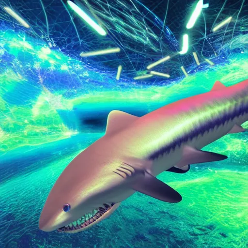 Image similar to Cosmic Shark for maintenance by an unprofessional cyber mackerel, colourful explosion behind. 4K 64 megapixels 8K resolution DSLR filmic HDR Kodak Ektar wide-angle lens 3D shading Behance HD CGSociety Cinema 4D IMAX shadow depth rendered in Blender Unreal Engine hyperrealism photoillustration, lots of reflective surfaces, subsurface scattering