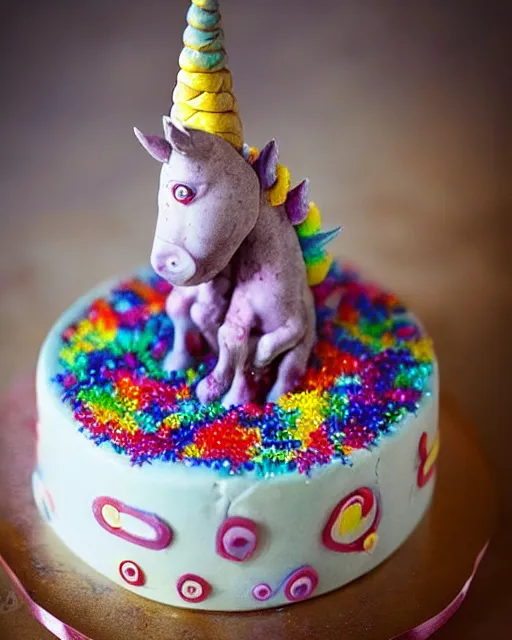 Image similar to photo of a childrens birthday cake scary unicorn designed by beksinski, bokeh