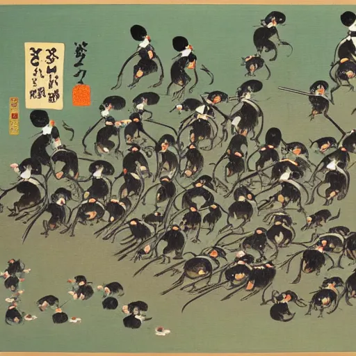 Prompt: an army of rats, japanese painting