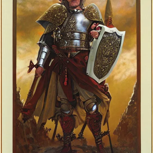 Image similar to an ultradetailed portrait of robin williams dressed as a fantasy holy paladin, carrying a large tower shield, d & d, fantasy, intricate, elegant, highly detailed, digital painting, matte, sharp focus, illustration, plate armor, god rays, art by john collier and albert aublet and krenz cushart and artem demura and alphonse mucha